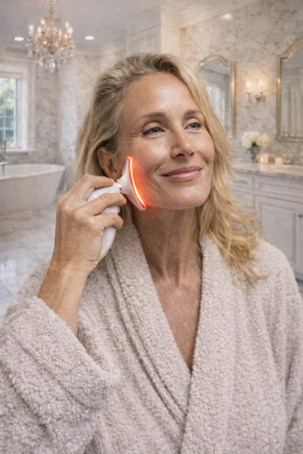 Hand-held LED lymphatic drainage and red-light massaging device.