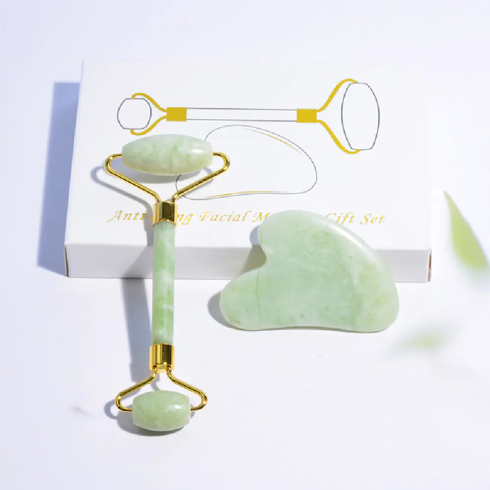 Jade roller and gua sha facial massage tool set