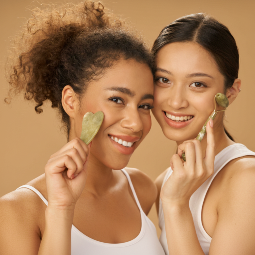 Jade gua sha and roller set for facial sculpting
